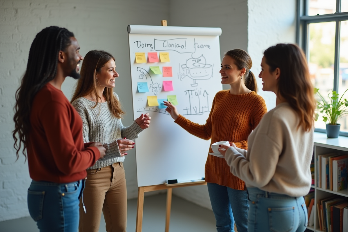 Groupe de quatre personnes discutant autour d