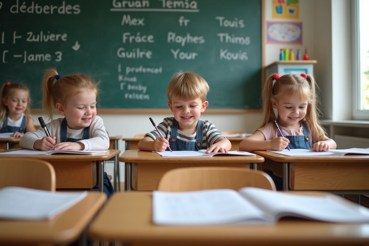 Groupe de trois enfants travaillant sur des exercices en classe