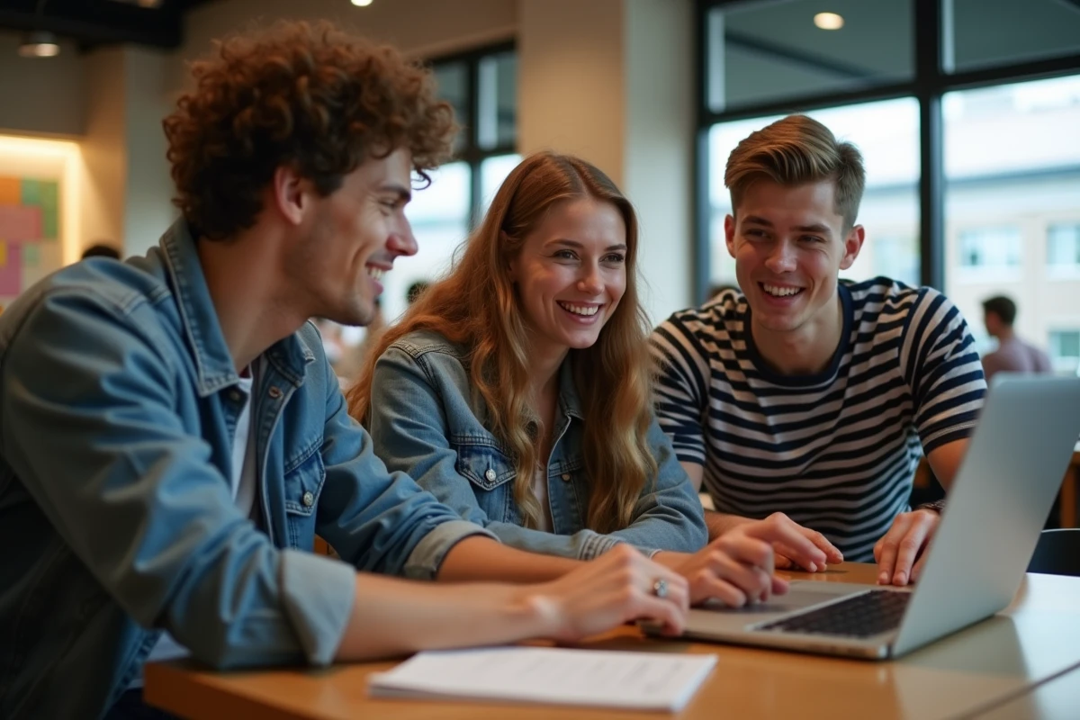 Groupe d'étudiants s'entraînant ensemble à un exercice de recrutement scolinfo en ligne sur un campus universitaire