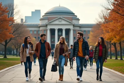 Groupe d'étudiants à MIT Boston devant la coupole