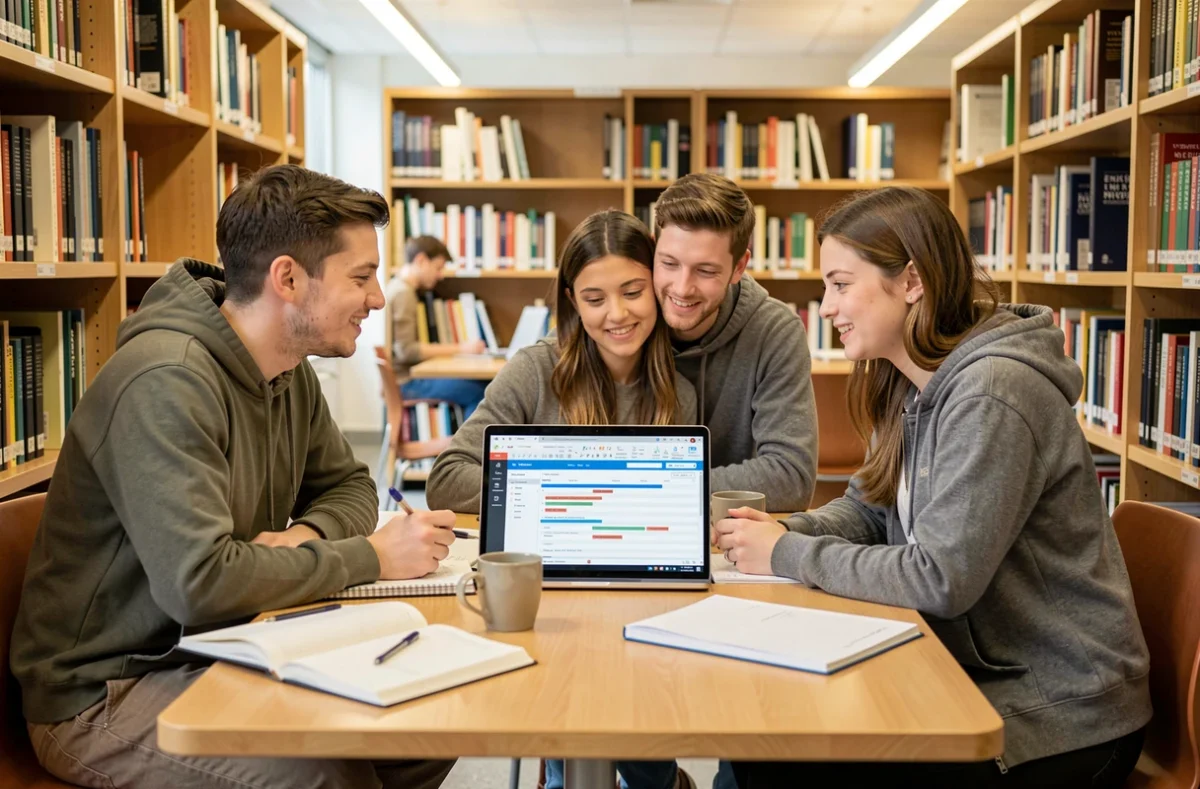 Groupe d'étudiants consultant le nouvel emploi du temps universitaire sur ordinateur en bibliothèque à Angers