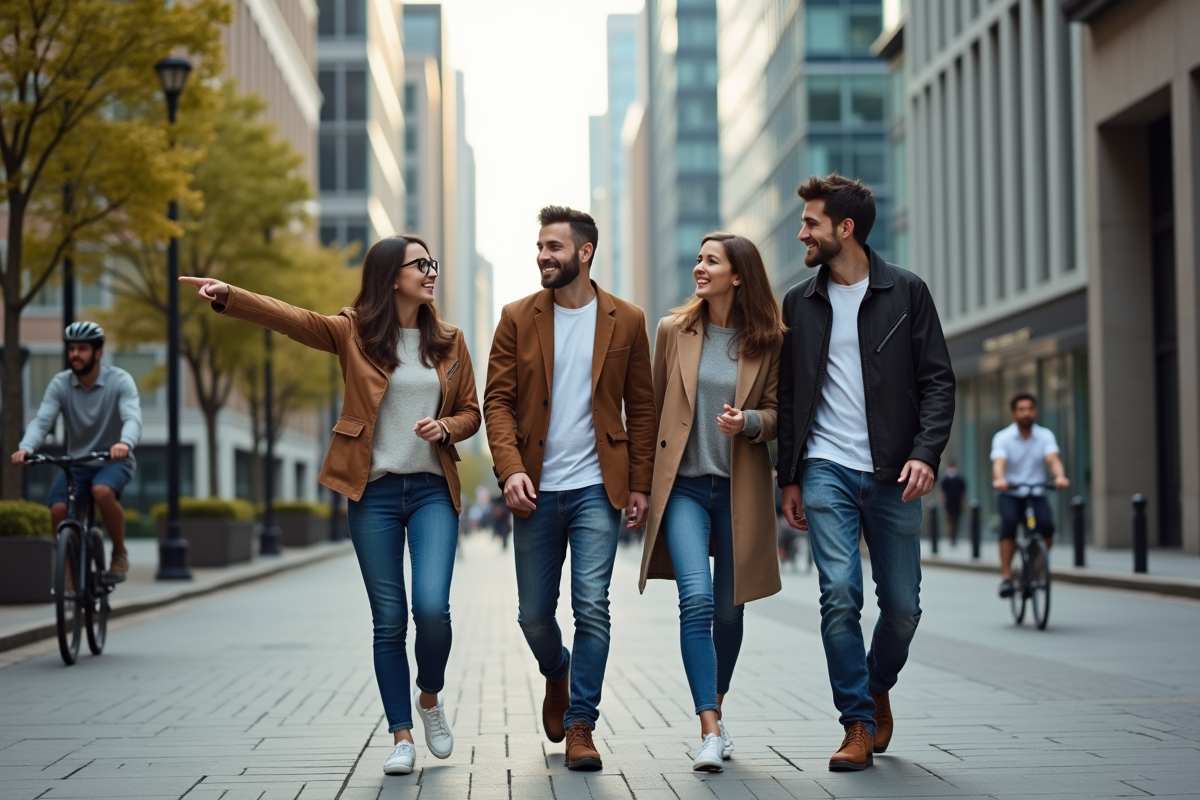 Groupe de jeunes adultes discutant dans la ville dynamique