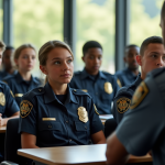 Jeunes candidats policiers en formation en classe ensoleillée