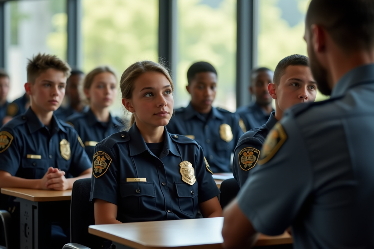 Jeunes candidats policiers en formation en classe ensoleillée
