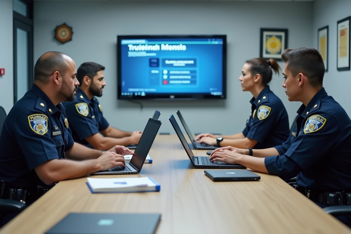 Groupe de policiers en salle de réunion participant à une session de formation collective sur eCampus Poli