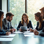 Groupe de professionnels en réunion dans un bureau lumineux