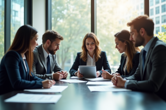 Groupe de professionnels en réunion dans un bureau lumineux