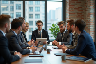 Groupe de professionnels en réunion dans un bureau moderne