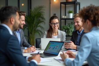 Groupe de professionnels en réunion dans un bureau moderne