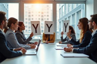 Groupe de professionnels autour d'une table avec un Y