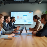 Groupe de professionnels discutant autour d'un ordinateur pour formation LMS