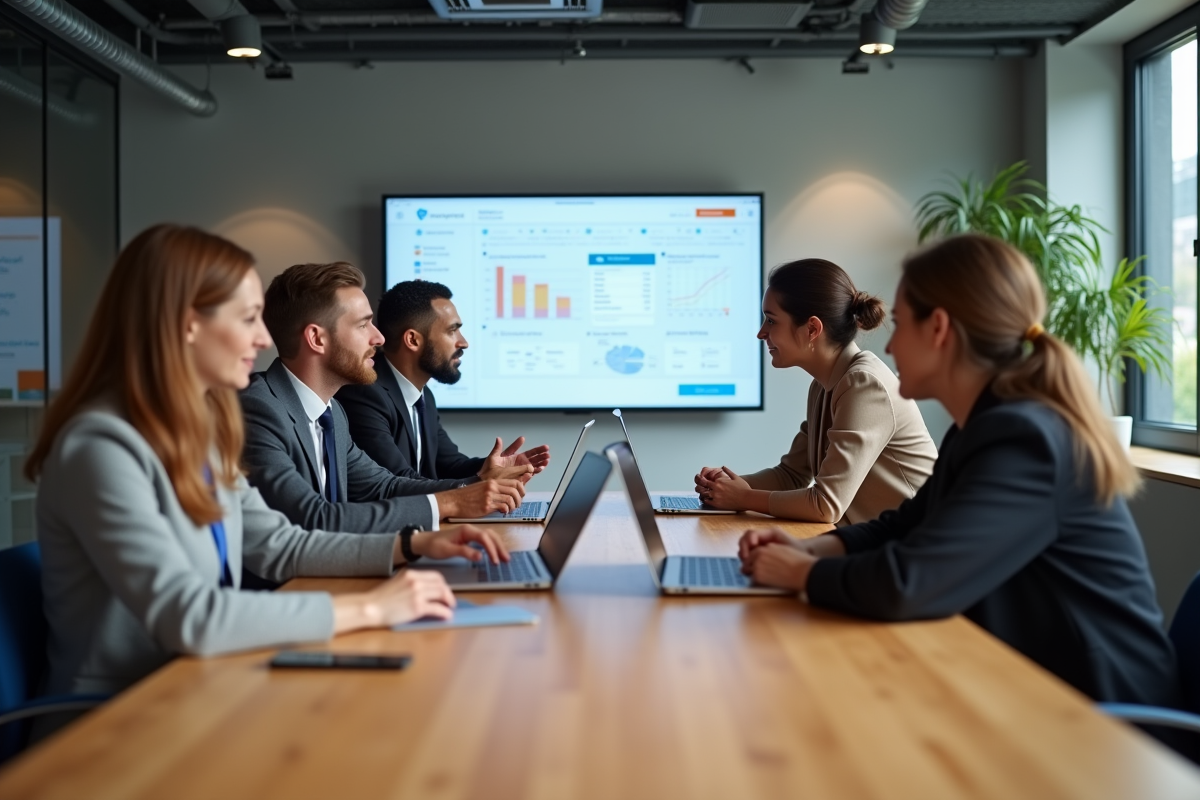 Groupe de professionnels discutant autour d'un ordinateur pour formation LMS