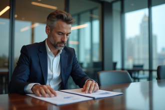 Homme d'affaires en costume bleu dans une salle de réunion