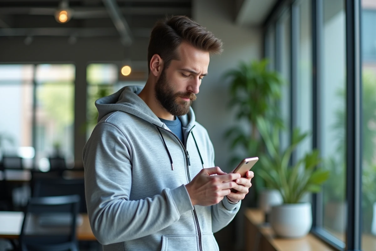 Homme utilisant une application de portail étudiant sur mobile dans un espace de coworking