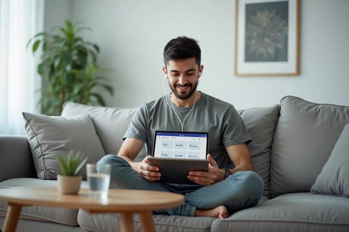 Homme d'une trentaine d'années apprenant l'arabe sur une tablette numérique avec des écouteurs dans un salon moderne