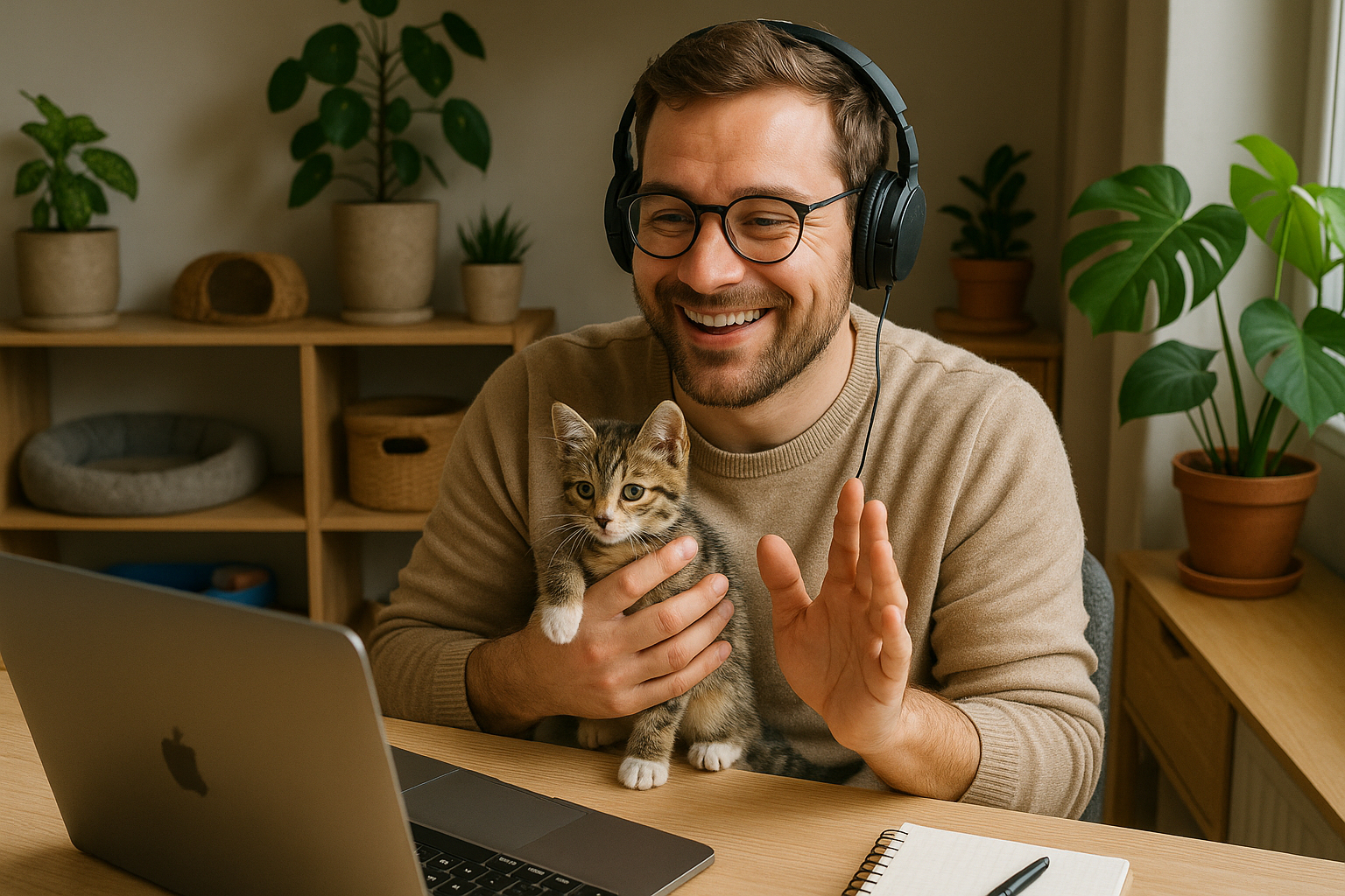 Homme heureux tenant un chat rescue lors d’un appel vidéo à la maison