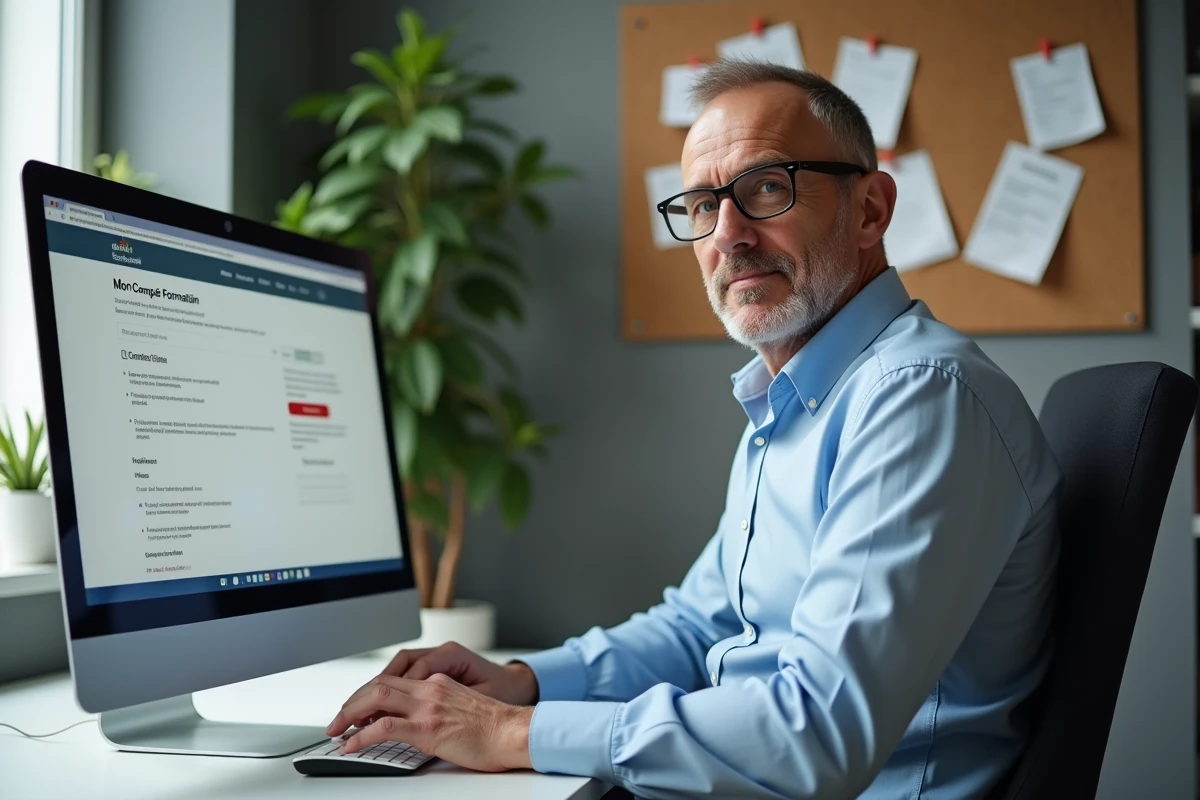 Homme d'âge mûr consultant le site Mon Compte Formation pour utiliser son CPF pour une formation bricolage