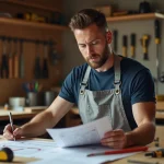 Homme consultant un catalogue de formations bricolage dans un atelier bien équipé