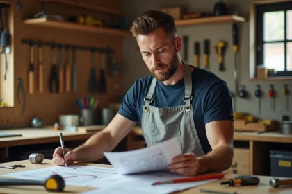 Homme consultant un catalogue de formations bricolage dans un atelier bien équipé