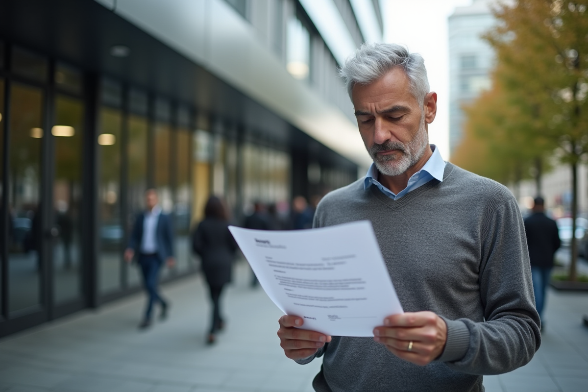 Homme vérifiant un certificat dans un environnement urbain
