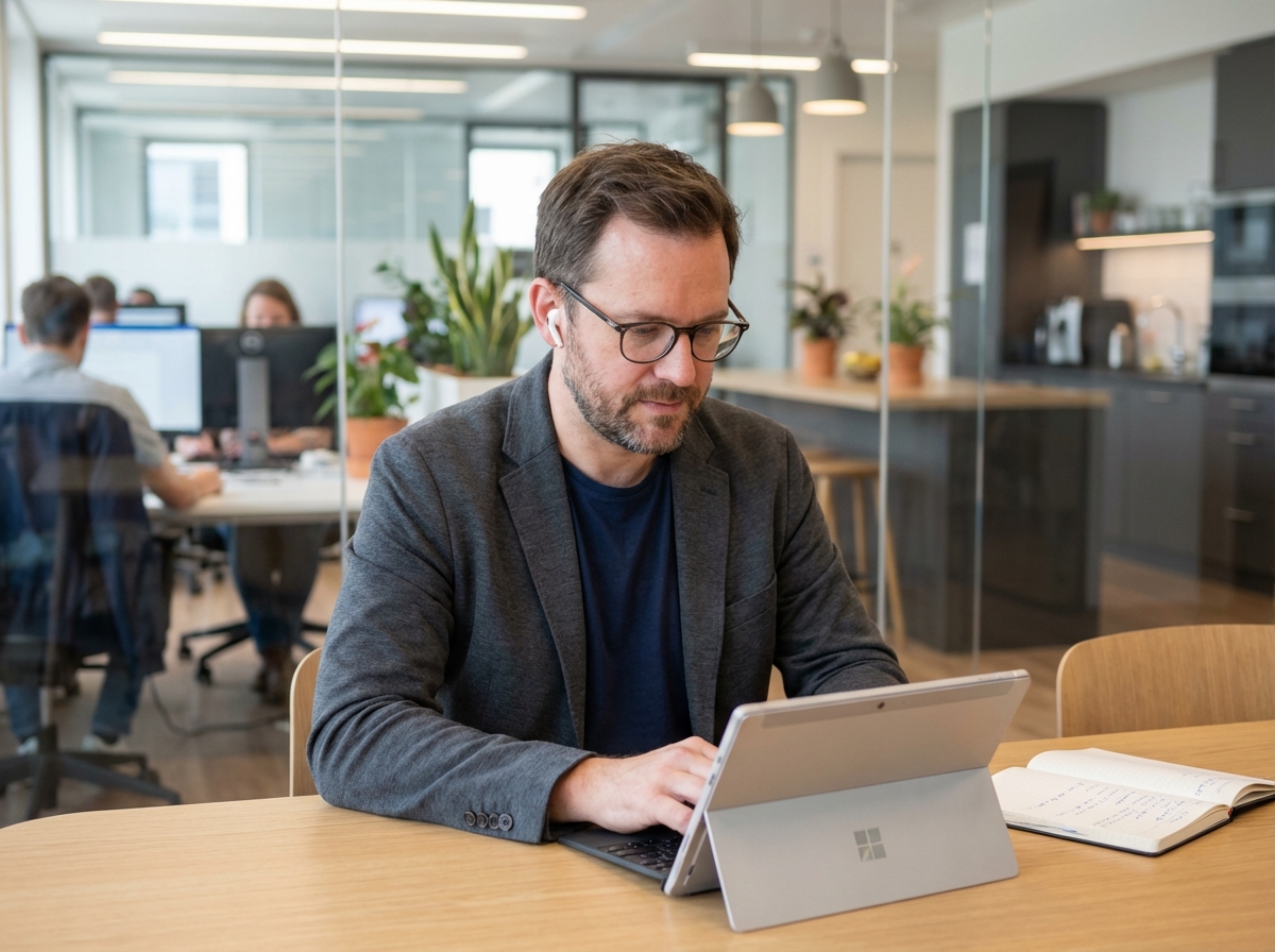 Homme regardant un cours en ligne dans un espace de bureau moderne