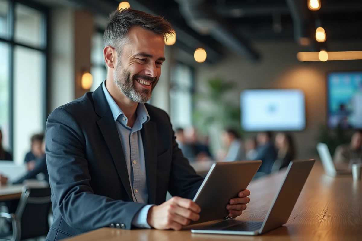 Homme d age moyen en coworking lors d un appel video
