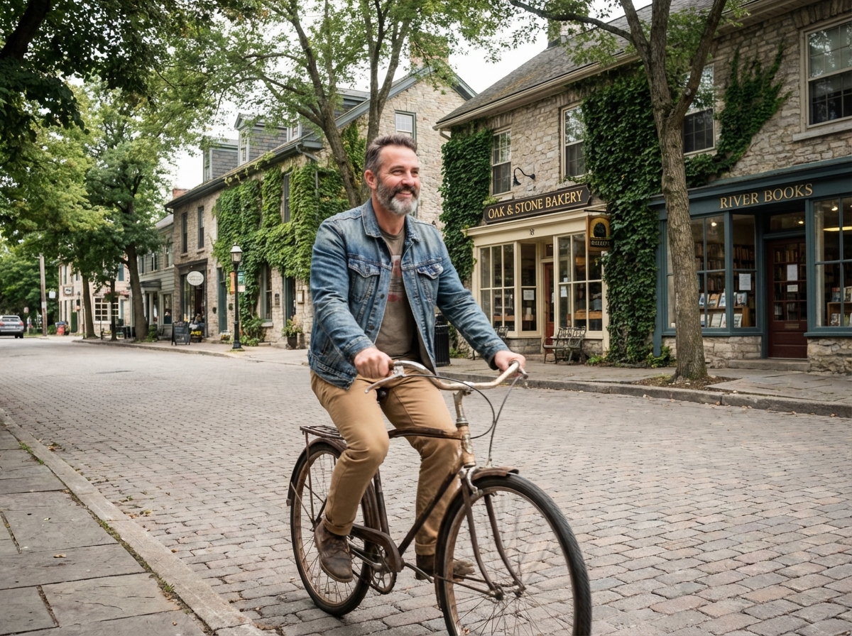 Homme à vélo dans une petite ville charmante et tranquille
