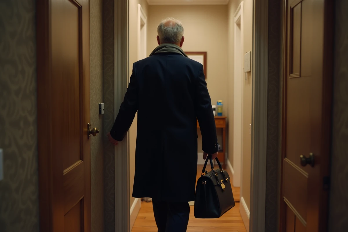 Homme en manteau navy ferme la porte