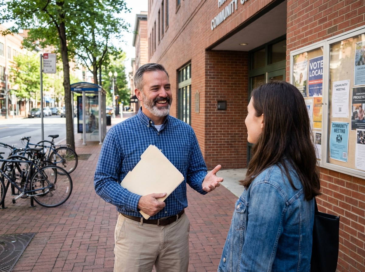 Homme souriant discutant avec une jeune femme en extérieur
