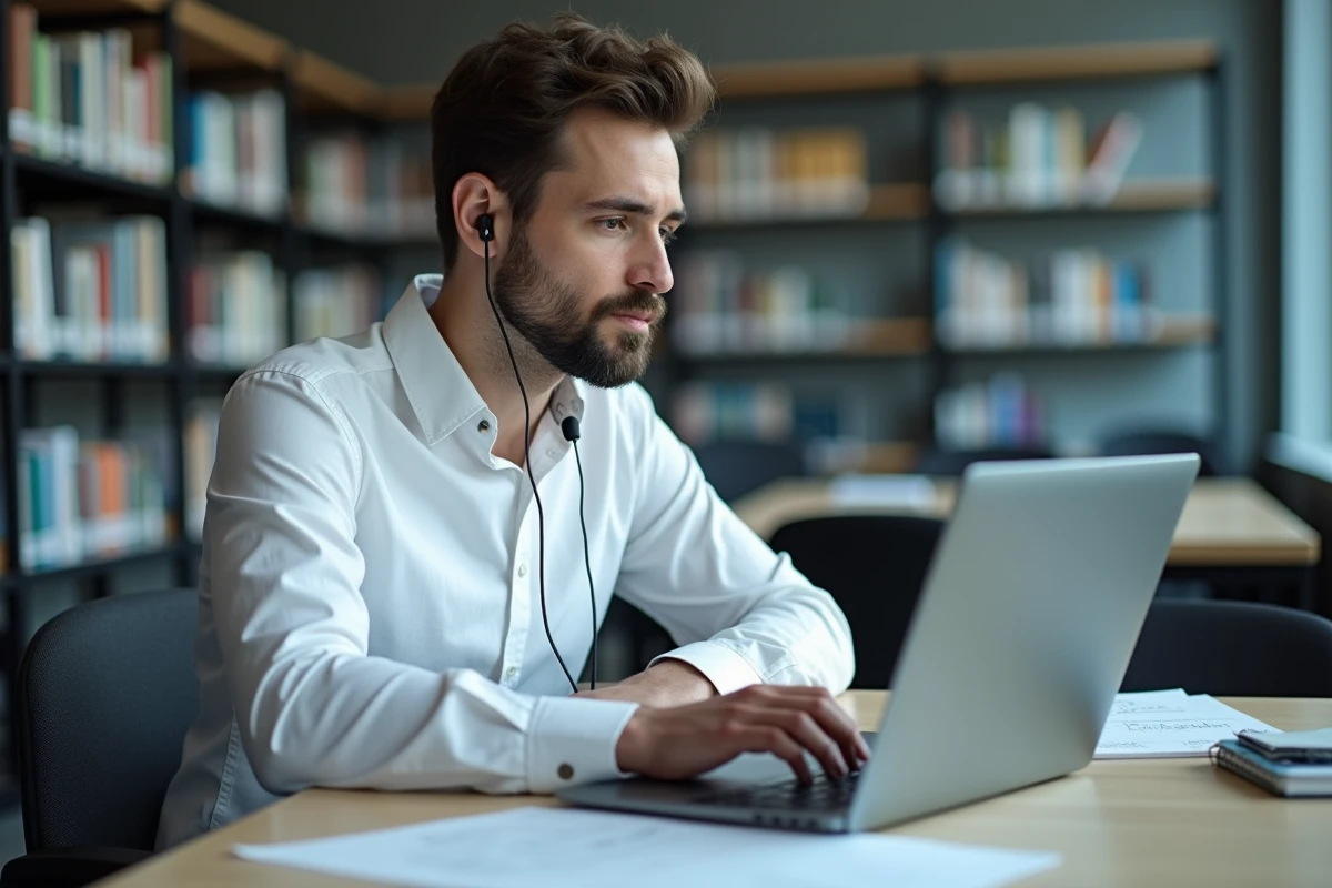 Homme étudiant un dialogue TOEIC avec des écouteurs et un script imprimé en bibliothèque universitaire