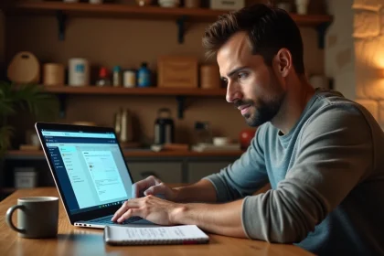 Homme utilisant son CPF pour suivre une formation bricolage en ligne sur ordinateur portable à la maison