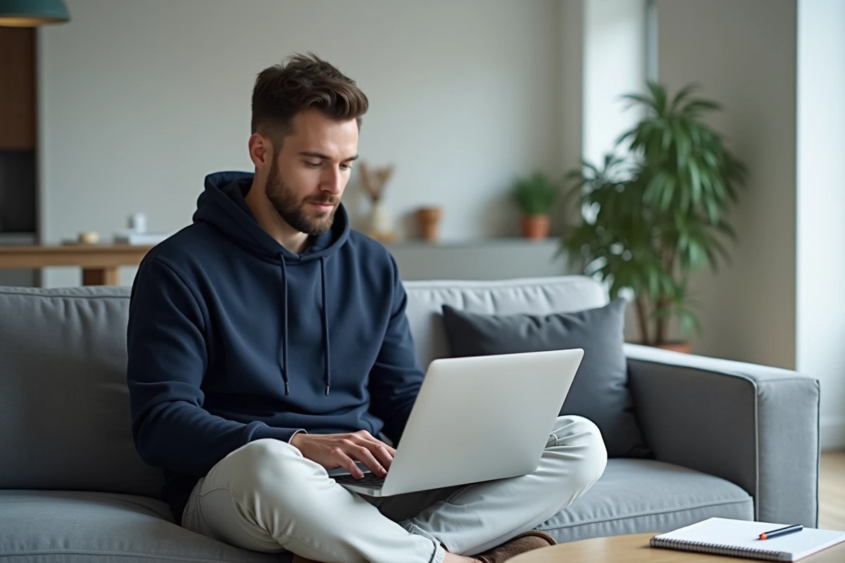 Homme étudiant en ligne sur un canapé avec un ordinateur portable ouvert sur une plateforme de formation comptable