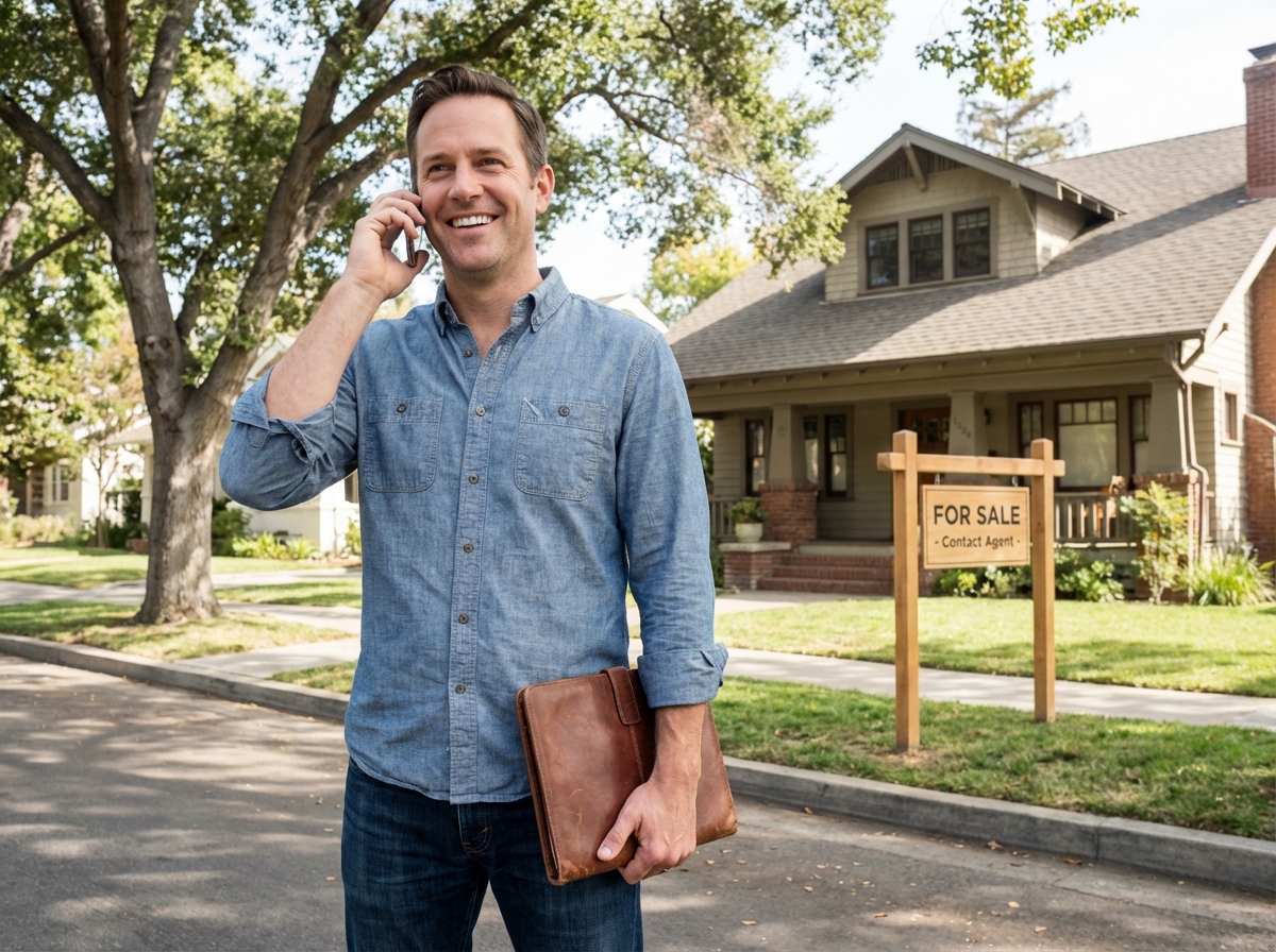 Homme en extérieur avec panneau immobilier et dossier