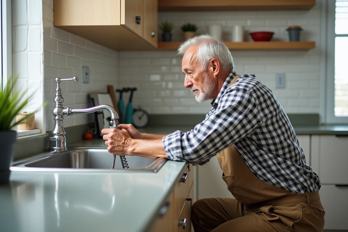 Homme âgé installant un évier de cuisine dans une pièce moderne
