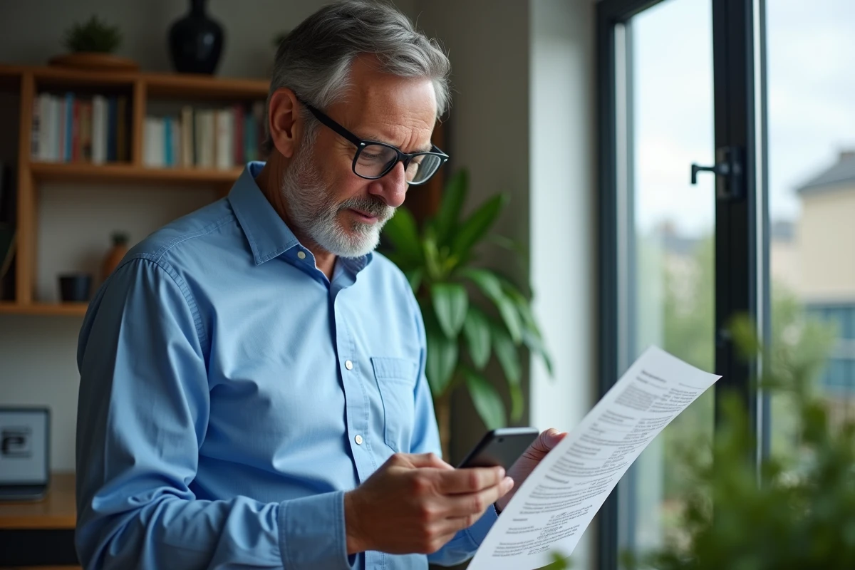 Homme lisant un smartphone avec une feuille d