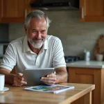 Homme d'âge moyen lisant une tablette dans la cuisine chaleureuse
