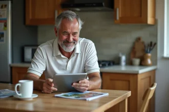 Homme d'âge moyen lisant une tablette dans la cuisine chaleureuse
