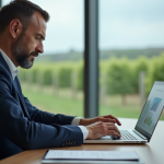 Homme en costume navy utilisant l'extranet CIVC dans un bureau moderne