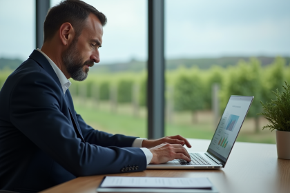 Homme en costume navy utilisant l'extranet CIVC dans un bureau moderne