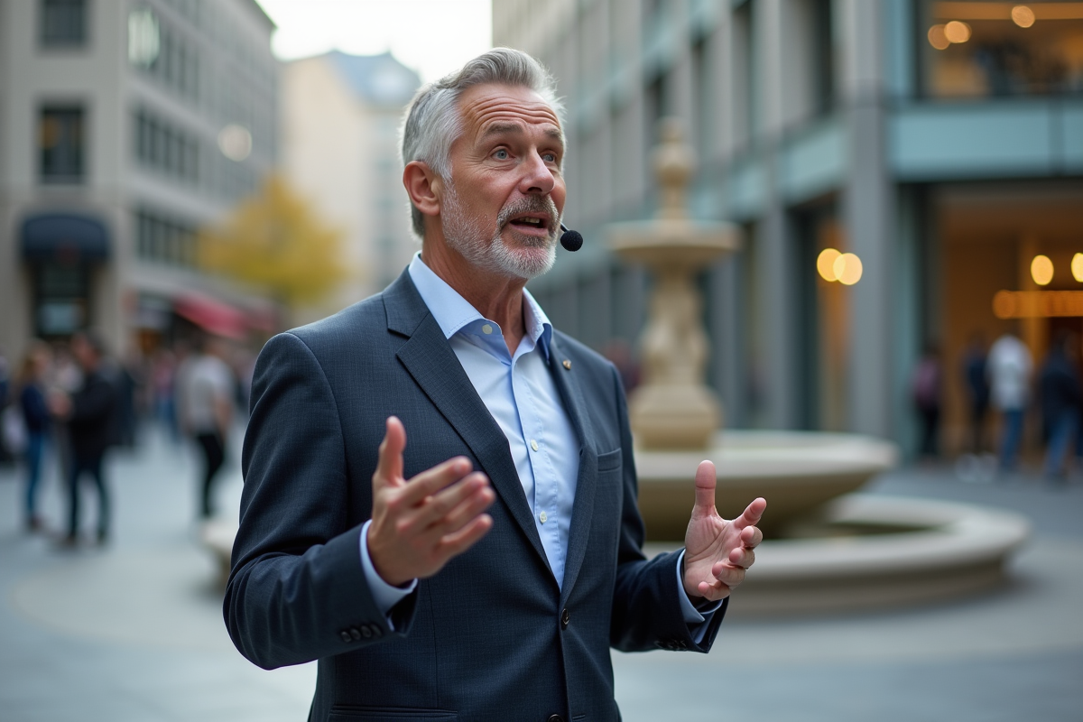 Homme en costume parlant dans une place urbaine