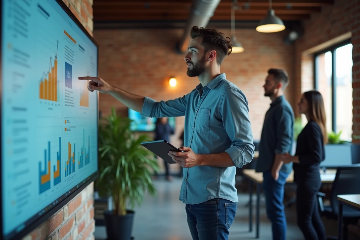 Homme expliquant des graphiques à ses collègues en réunion