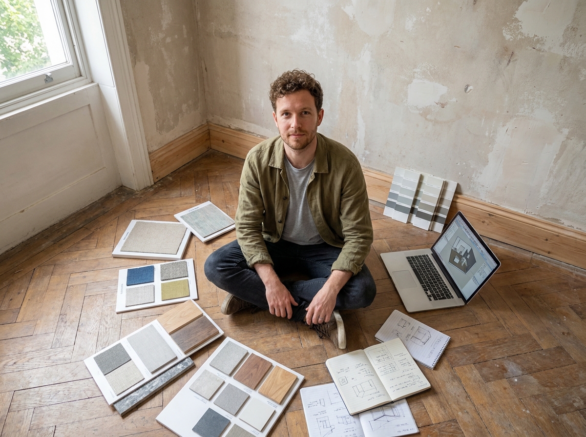 Homme en reconversion professionnelle travaillant sur un projet d'architecture d'intérieur dans un appartement en rénovation