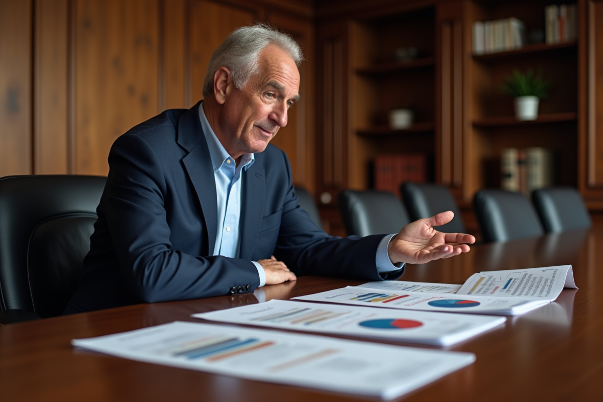 Homme d age en réunion analysant des graphiques