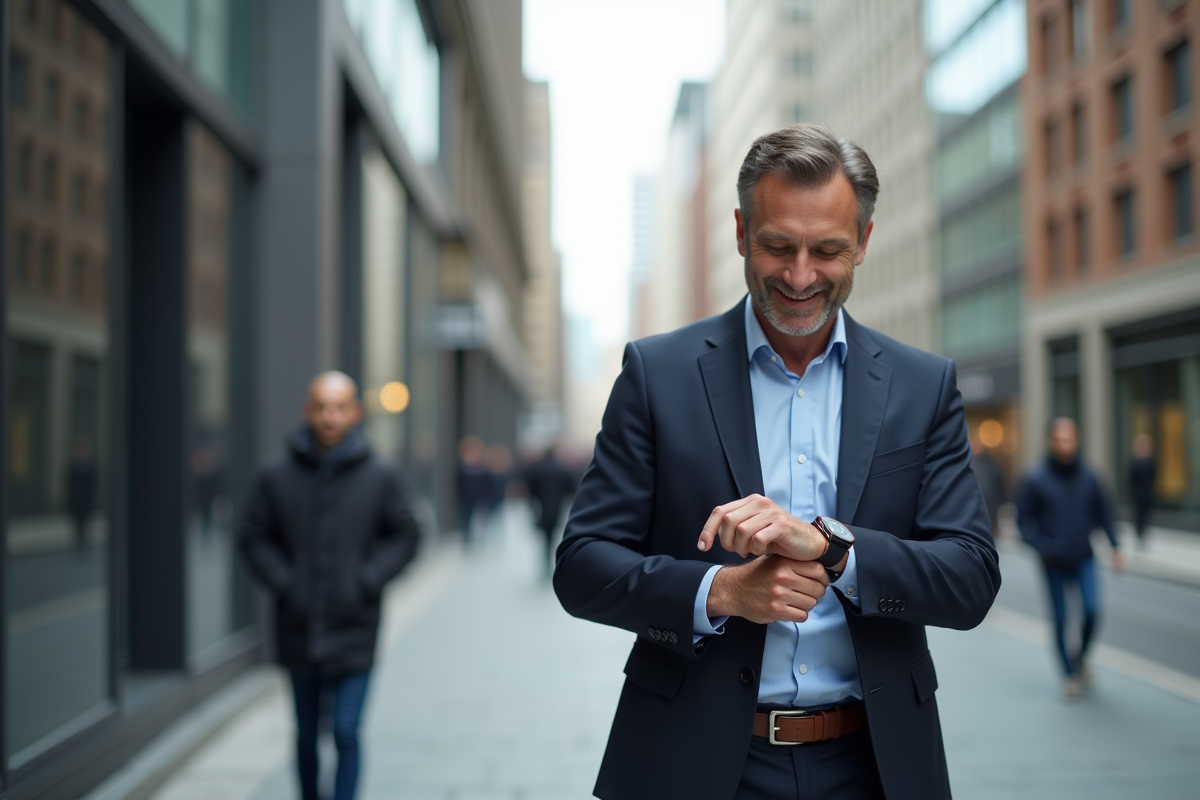 Homme marche dans la ville regarde sa montre connectee