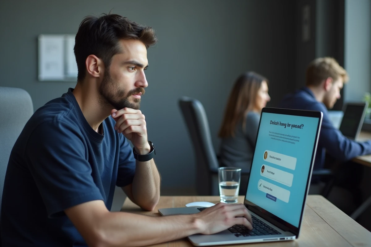 Homme concentré passant un test de QI en ligne sur un ordinateur portable dans un espace de coworking