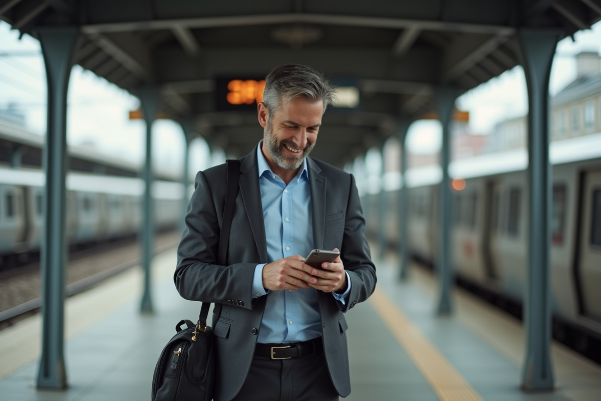 Homme dans un quai de train urbain vérifiant son téléphone