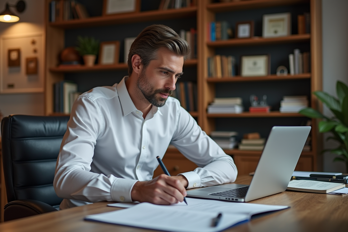 Homme concentré à son bureau avec papiers et ordinateur