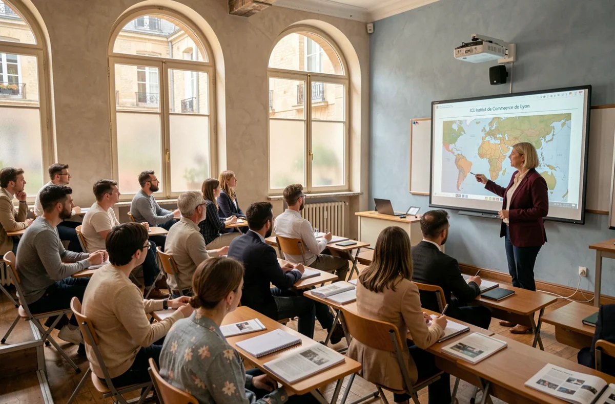 Cours de stratégie commerciale à l'ICL Institut de Commerce de Lyon dans une salle avec fenêtres en arche et étudiants attentifs