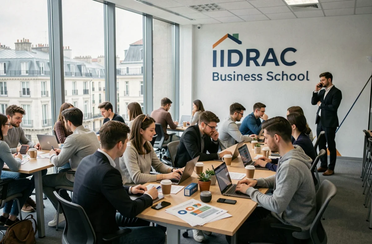 Étudiants travaillant dans l'espace coworking de l'IDRAC Business School Lyon avec vue sur la ville