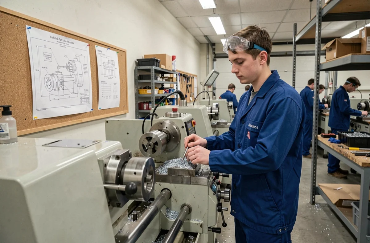 Stagiaire en formation industrielle opérant une machine à l'IFI, Institut de Formation Industrielle